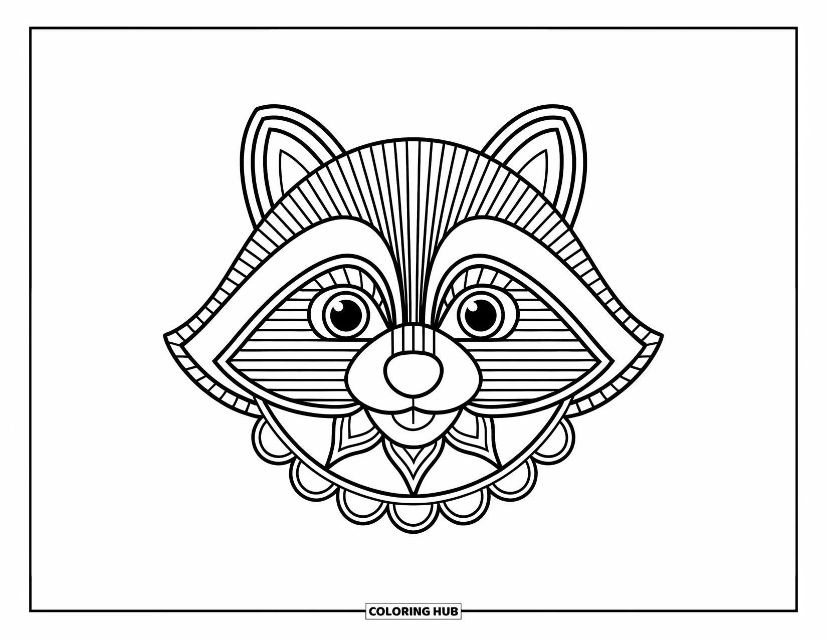 Animal Mandala Coloring Page for Kids: Playful raccoon face with mandalas and a clean background