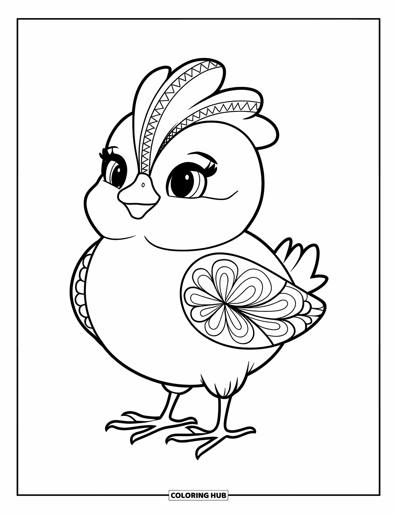 Animal Mandala Coloring Page for Kids: Plump chick standing with petal-shaped mandala wings and a zigzag crown