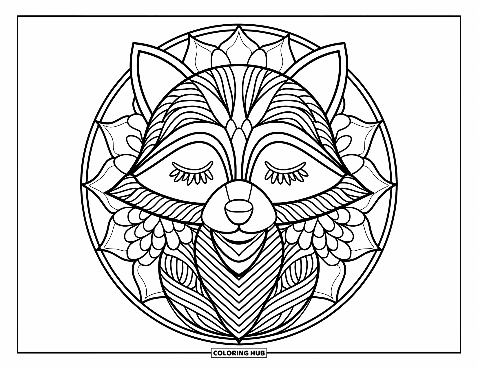 Animal Mandala Coloring Page for Kids: Raccoon wearing a bandana surrounded by a circular mandala frame