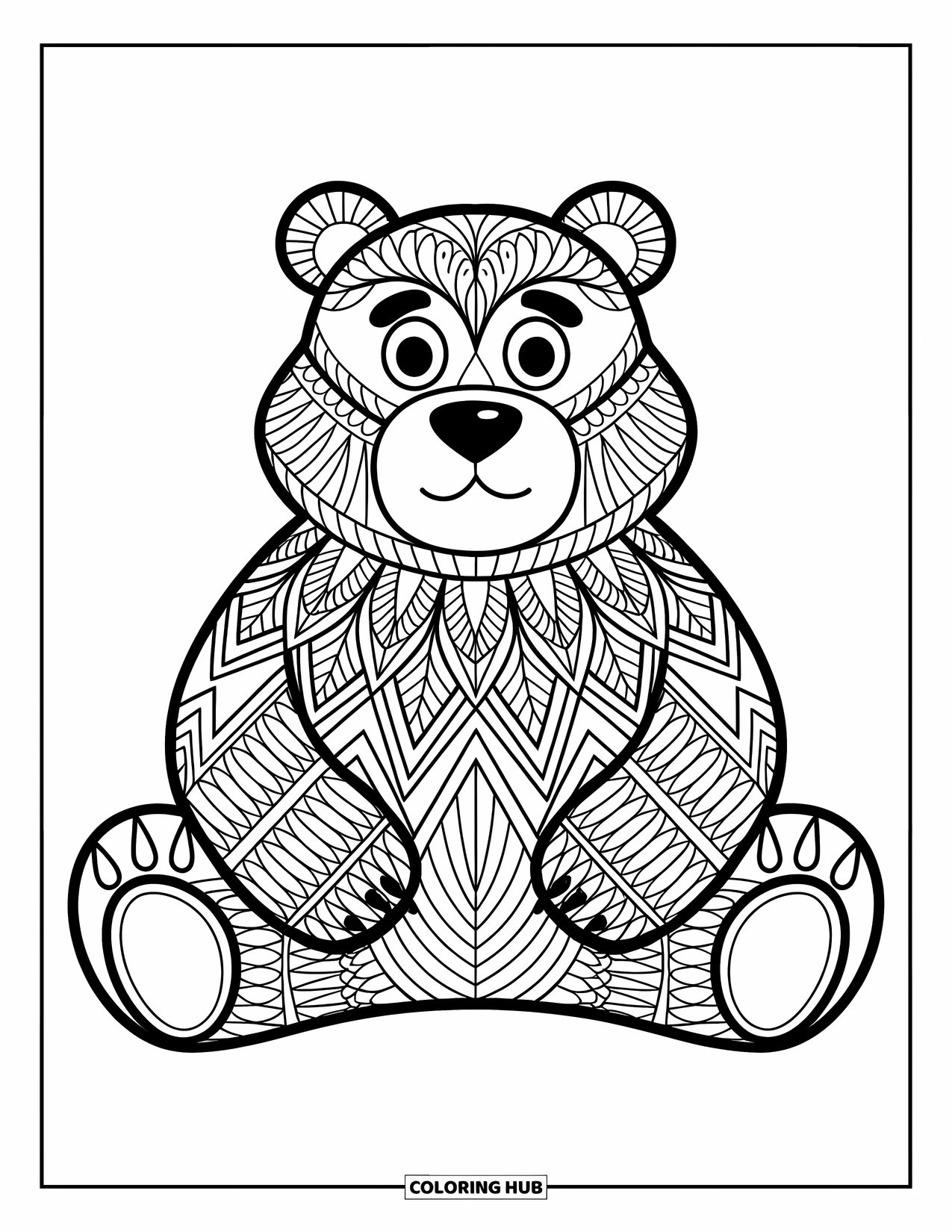 Animal Mandala Coloring Page for Kids: Relaxed bear with modern mandala shapes and bold crisp outlines