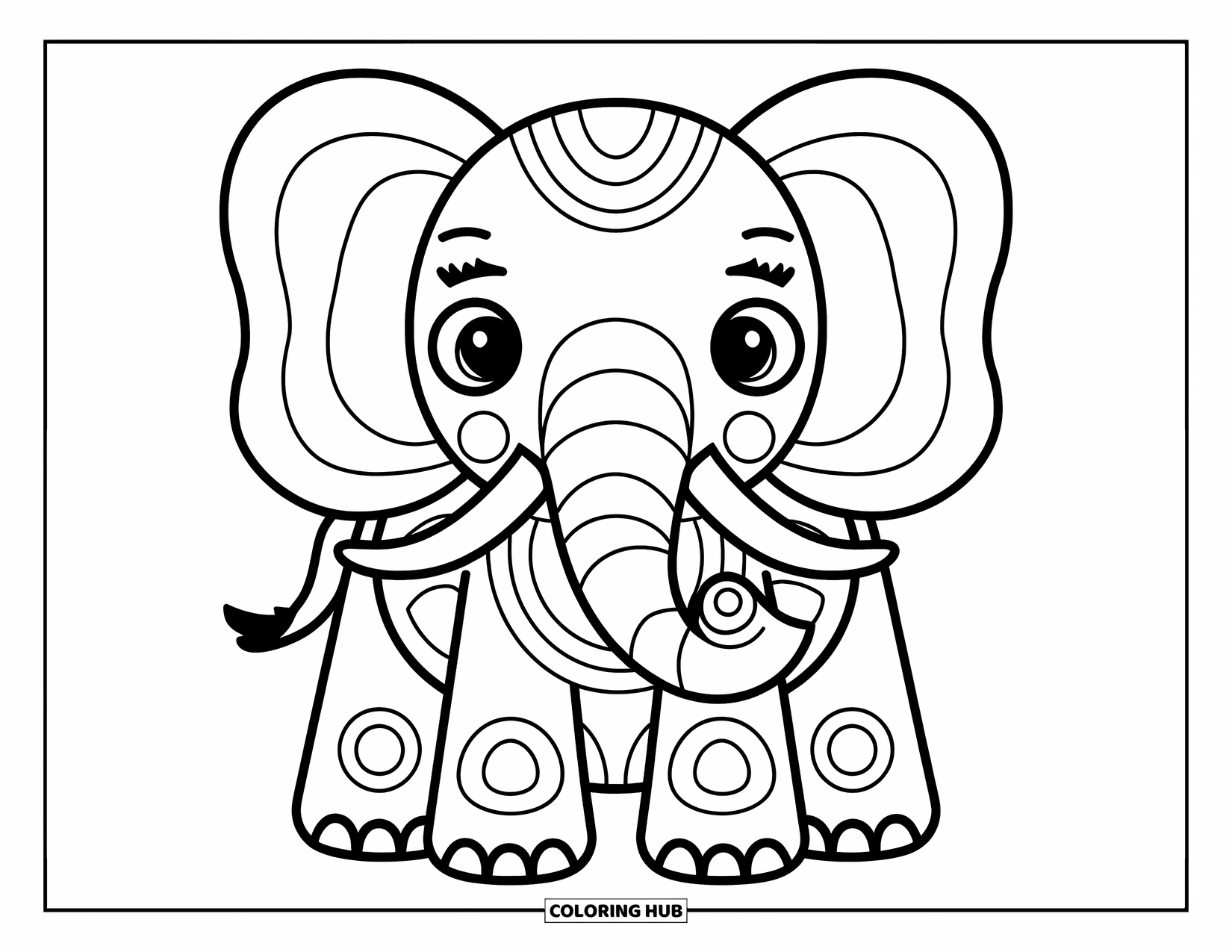 Animal Mandala Coloring Page for Kids: Round-eared elephant with simple mandala lines and a joyful vibe