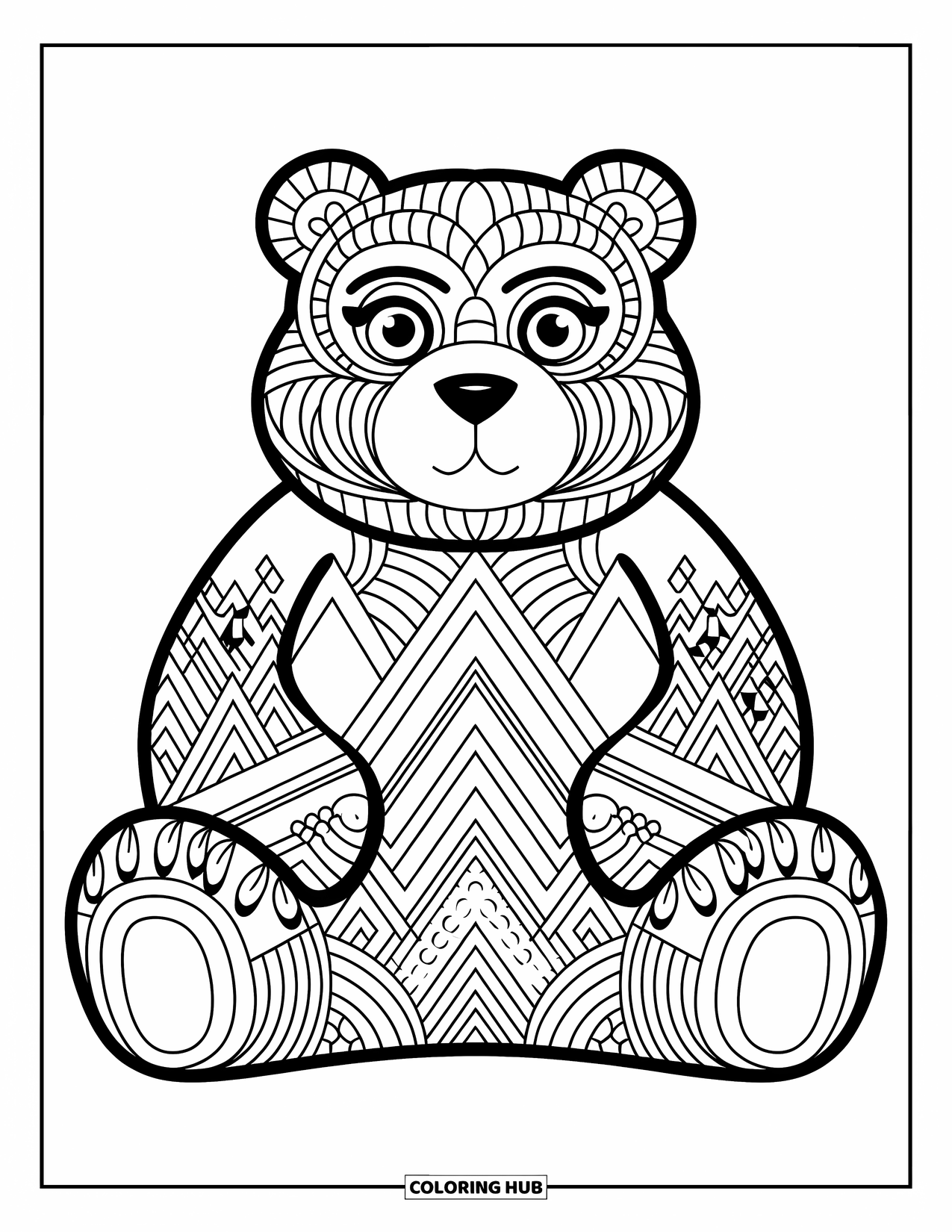 Animal Mandala Coloring Page for Kids: Seated bear with symmetrical mandala fur and expressive outline style