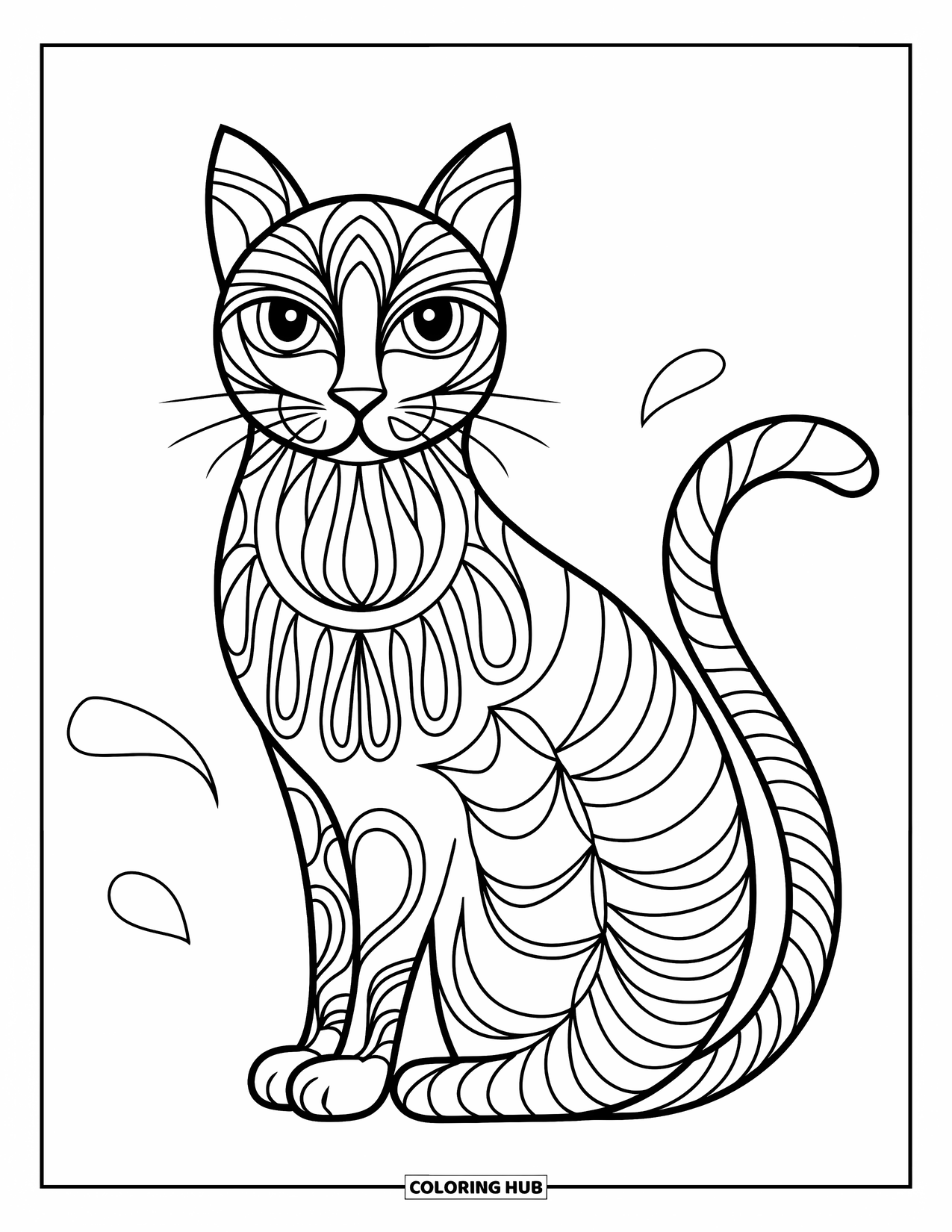 Animal Mandala Coloring Page for Kids: Sitting cat filled with spirals and petals with swirling background lines