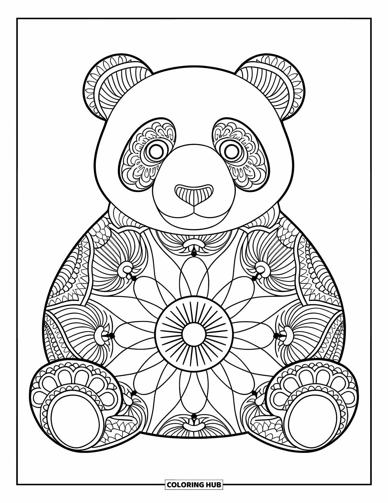 Animal Mandala Coloring Page for Kids: Sitting panda with bold petals and large easy-to-color shapes