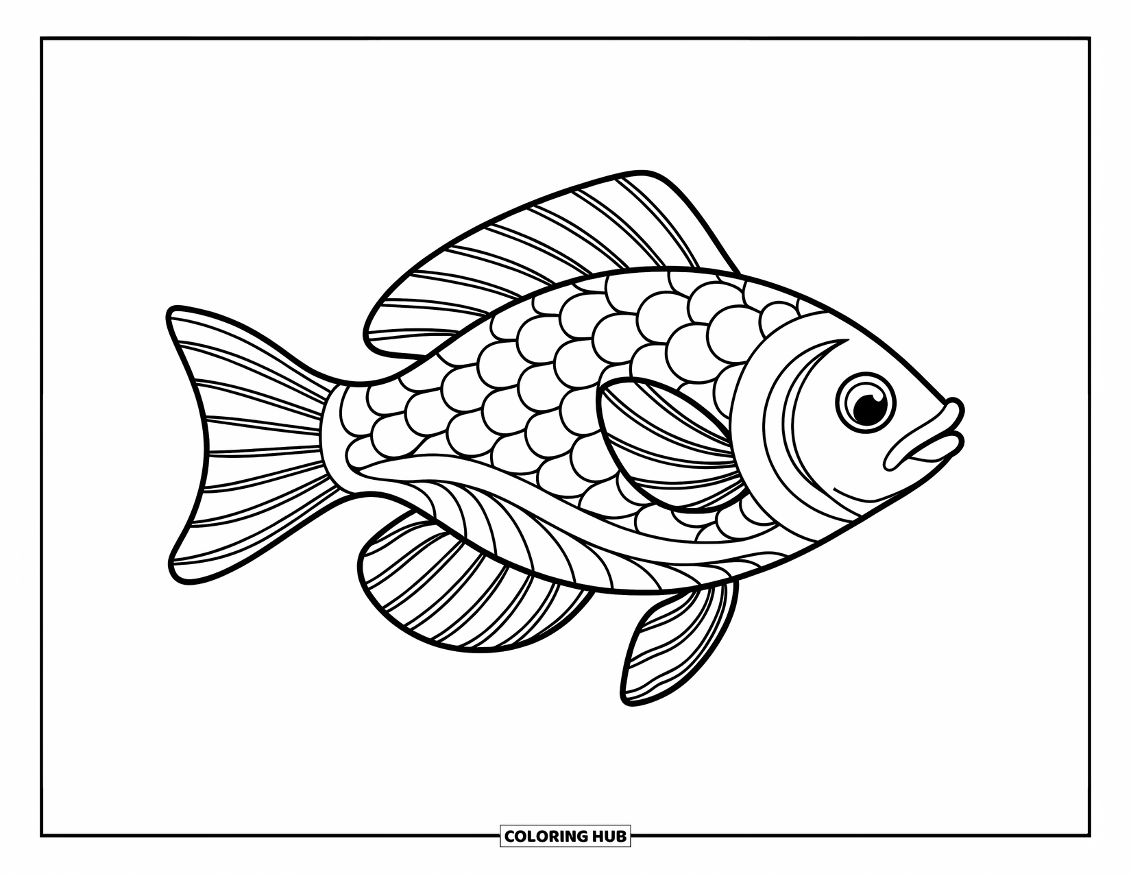 Animal Mandala Coloring Page for Kids: Sleek fish swimming sideways with wave-style mandala scales and flowing fins