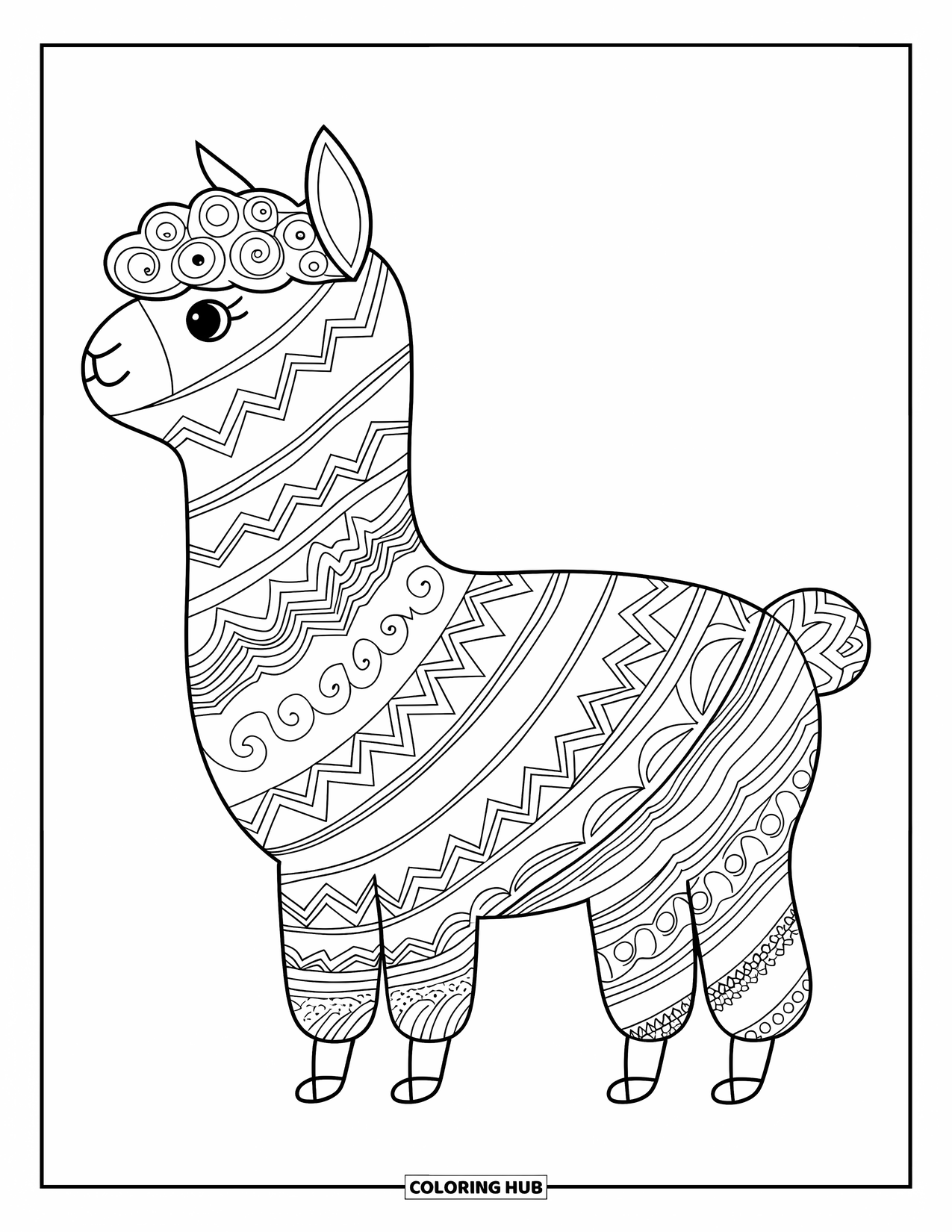 Animal Mandala Coloring Page for Kids: Smiling alpaca with looped mandala shapes and a bold, clean outline