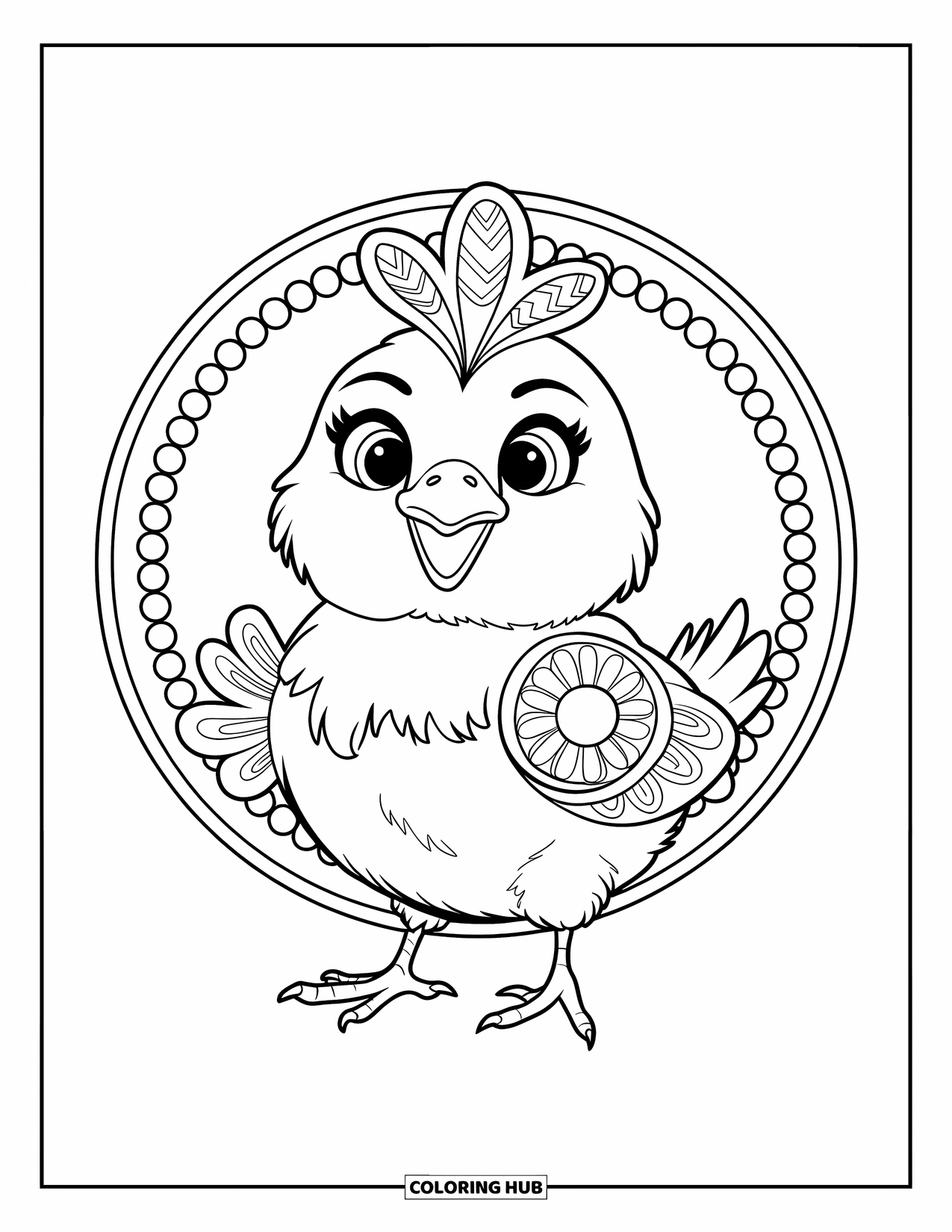 Animal Mandala Coloring Page for Kids: Smiling chick with mandala feathers and a dotted circular background