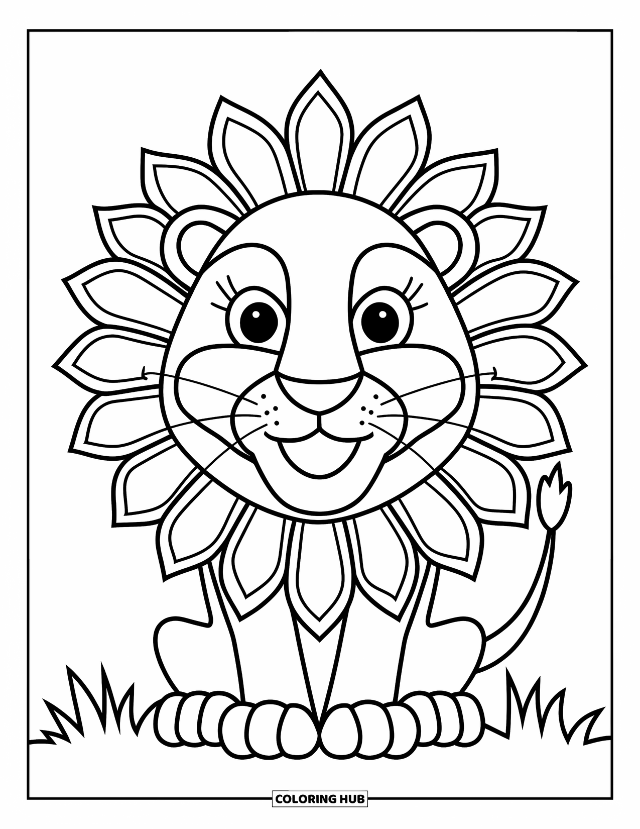 Animal Mandala Coloring Page for Kids: Smiling lion with a fluffy mane made of mandala petals