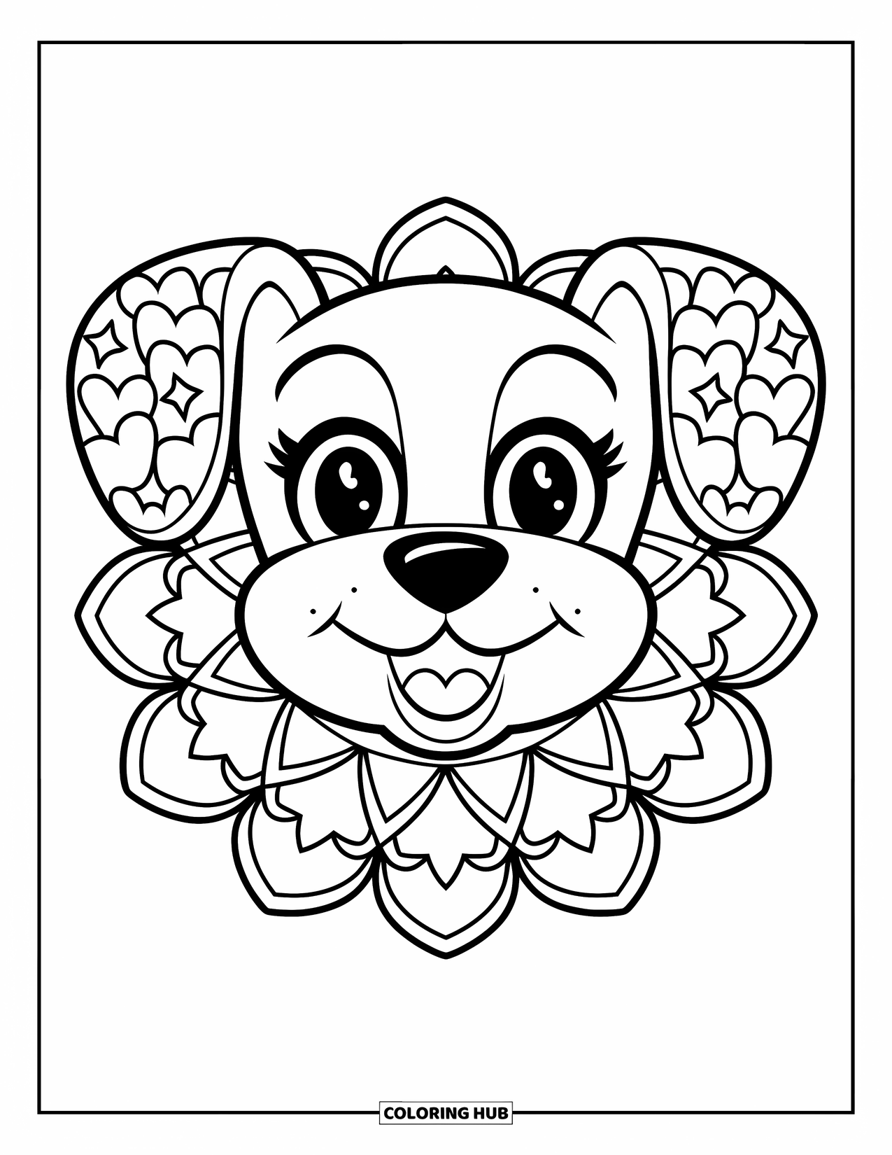 Animal Mandala Coloring Page for Kids: Smiling puppy with floppy mandala ears made from hearts and stars