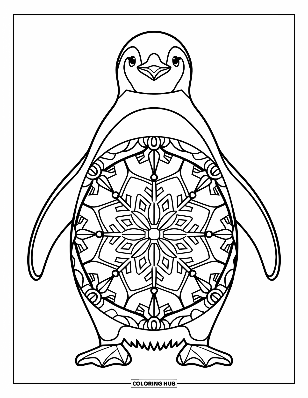 Animal Mandala Coloring Page for Kids: Snowflake-filled penguin with raised flippers and geometric mandala details