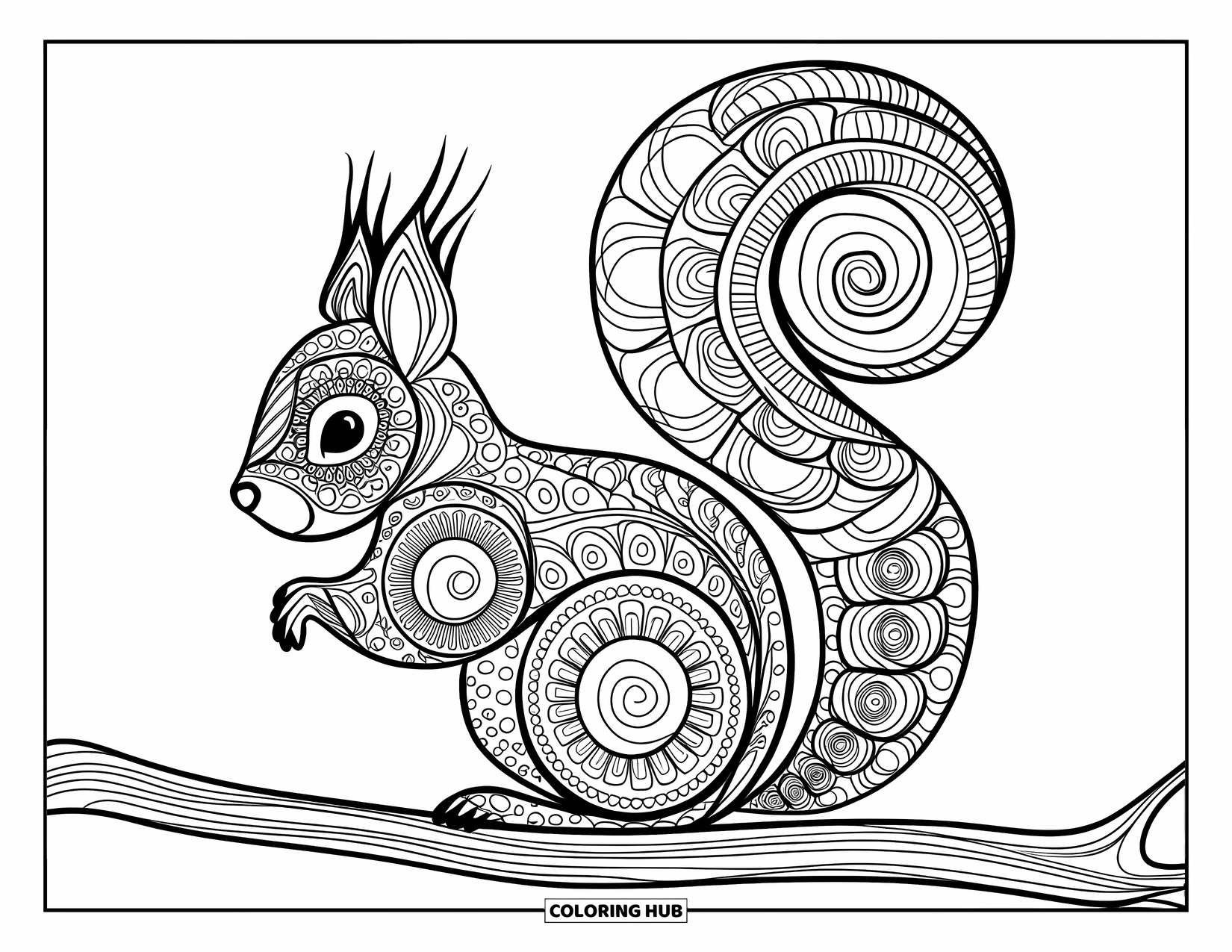 Animal Mandala Coloring Page for Kids: Squirrel with a curled tail made of spiral mandalas, sitting on a branch