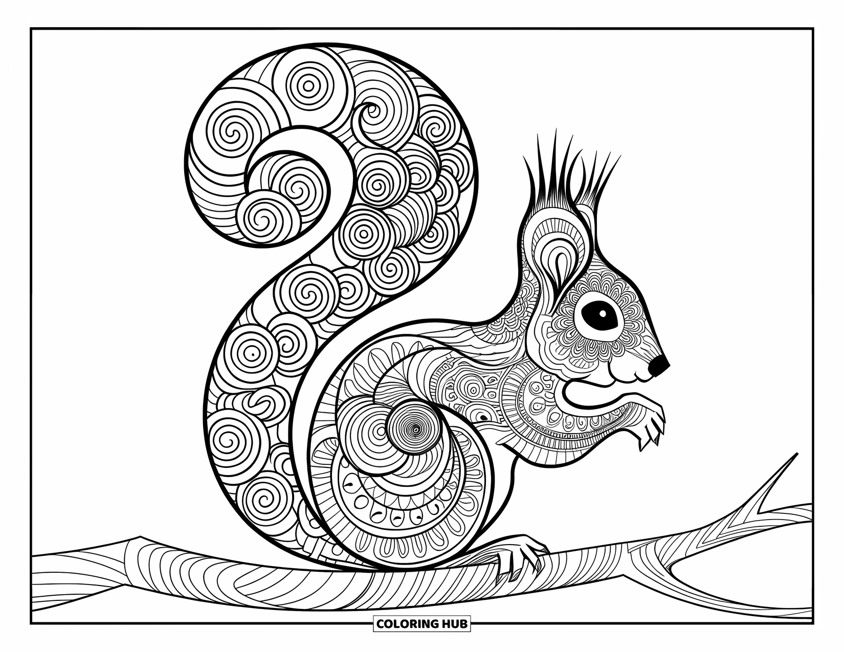Animal Mandala Coloring Page for Kids: Squirrel with spiral tail patterns perched on a simple tree branch