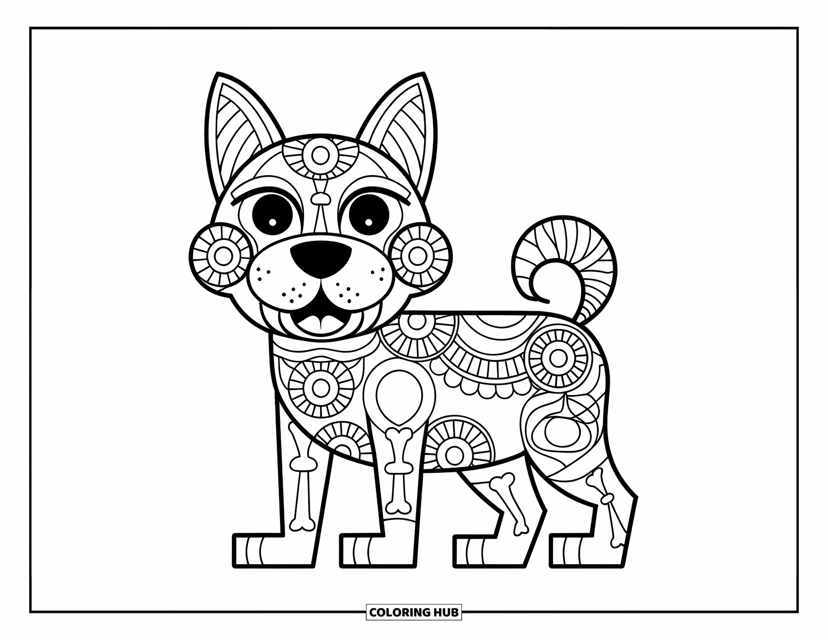 Animal Mandala Coloring Page for Kids: Standing dog with mandala fur and playful shapes throughout