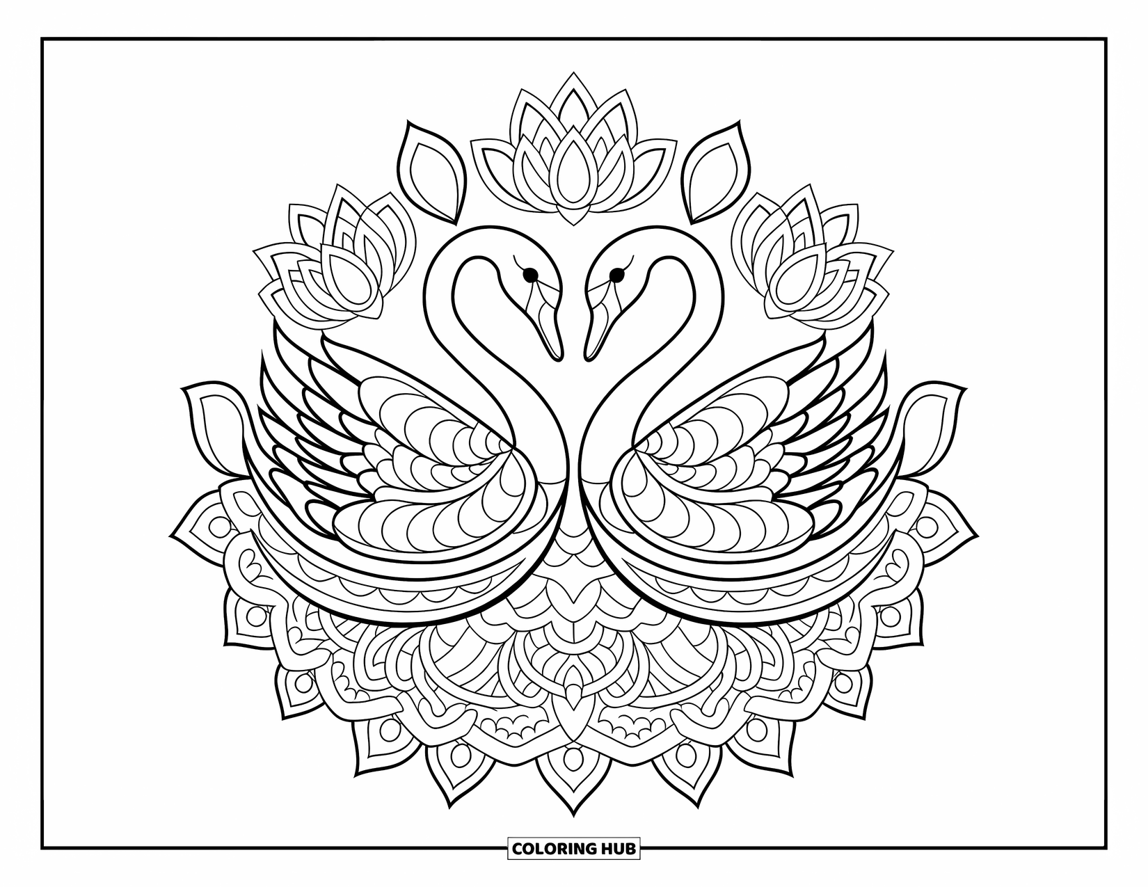 Animal Mandala Coloring Page for Kids: Swans surrounded by lotus and intertwined mandala patterns