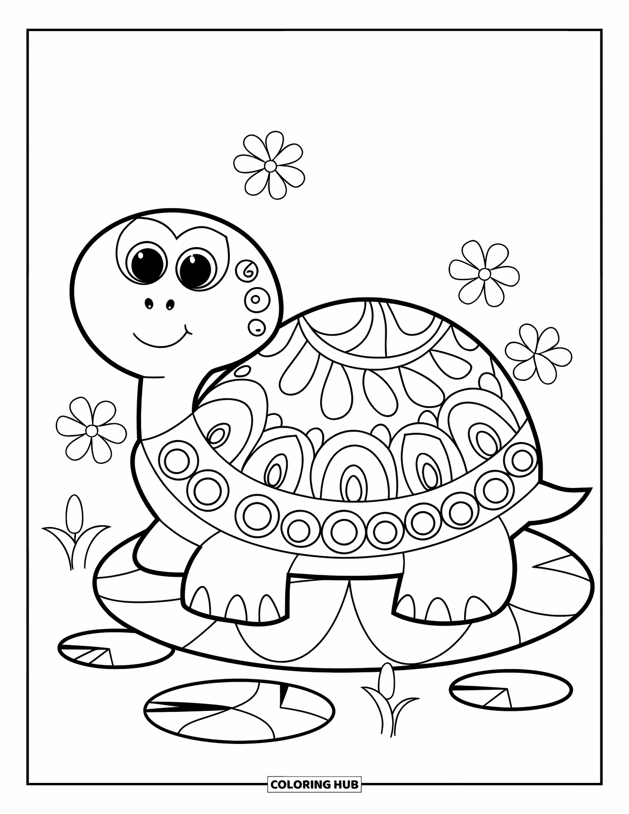 Animal Mandala Coloring Page for Kids: Turtle on a lily pad with swirls and little flowers nearby