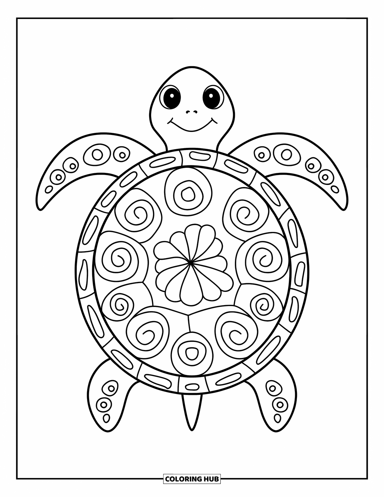 Animal Mandala Coloring Page for Kids: Turtle with a swirly mandala shell and cheerful round body