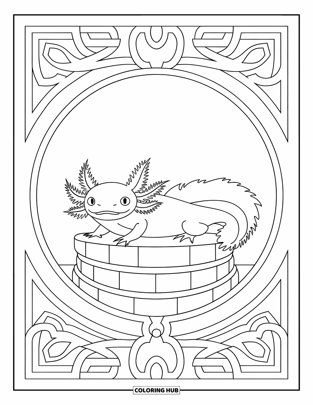 Disegno di Axolotl da colorare per adulti: Un calmo axolotl riposa su un altare circolare con motivi ornamentali che lo circondano