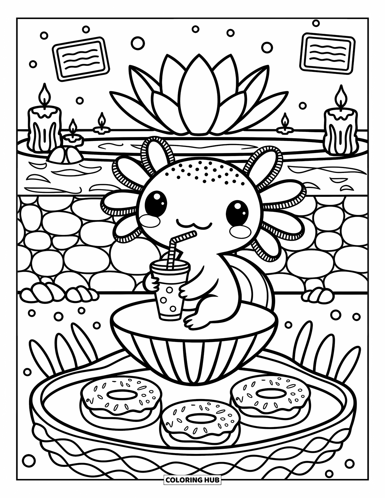 Disegno di Axolotl da colorare per adulti: Un allegro axolotl siede in un caffè marino con snack, candele e una fontana di loto