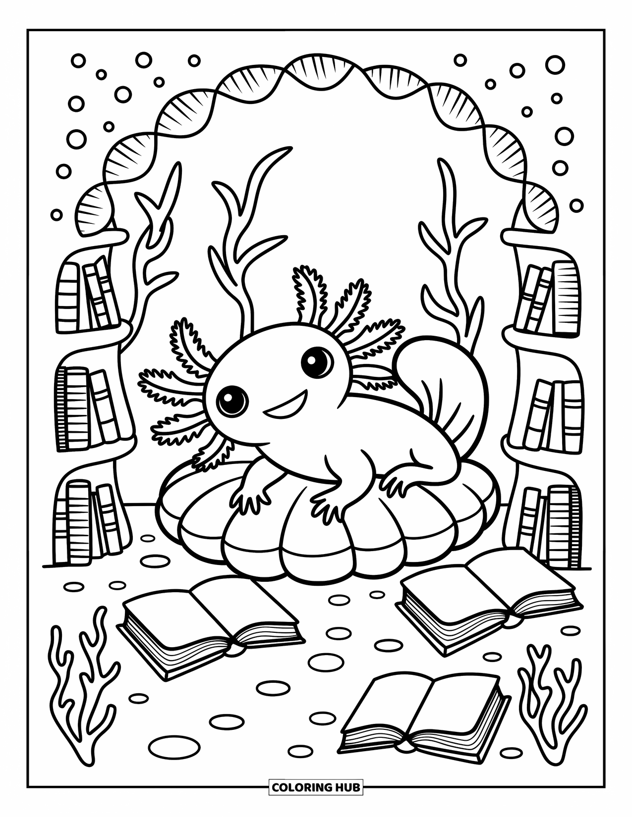 Disegno di Axolotl da colorare per adulti: Un accogliente axolotl legge in un angolo marino con lampade a conchiglia e scaffali di corallo