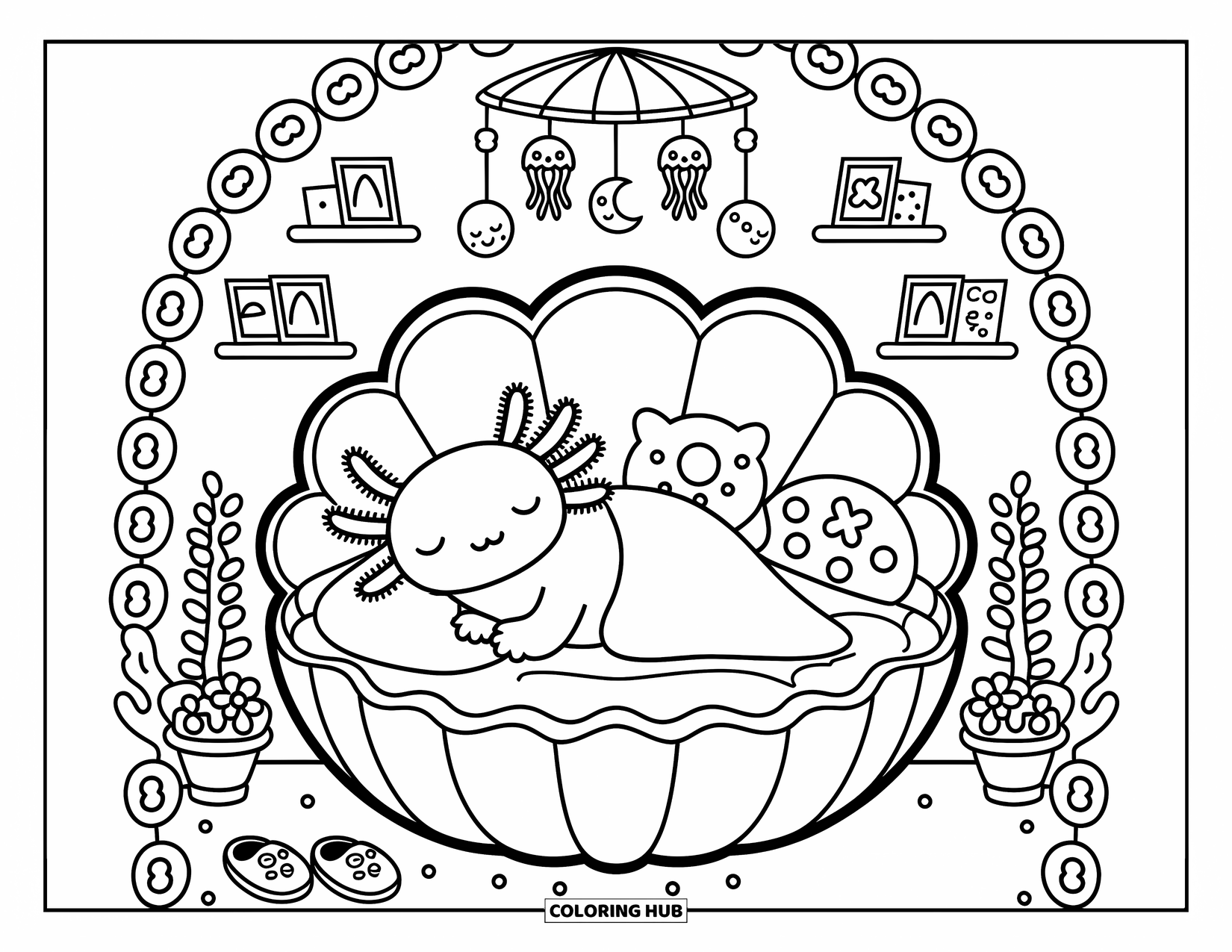 Disegno di Axolotl da colorare per adulti: Un accogliente axolotl dorme in un letto di conchiglie con cuscini di fiori e giocattoli a tema marino