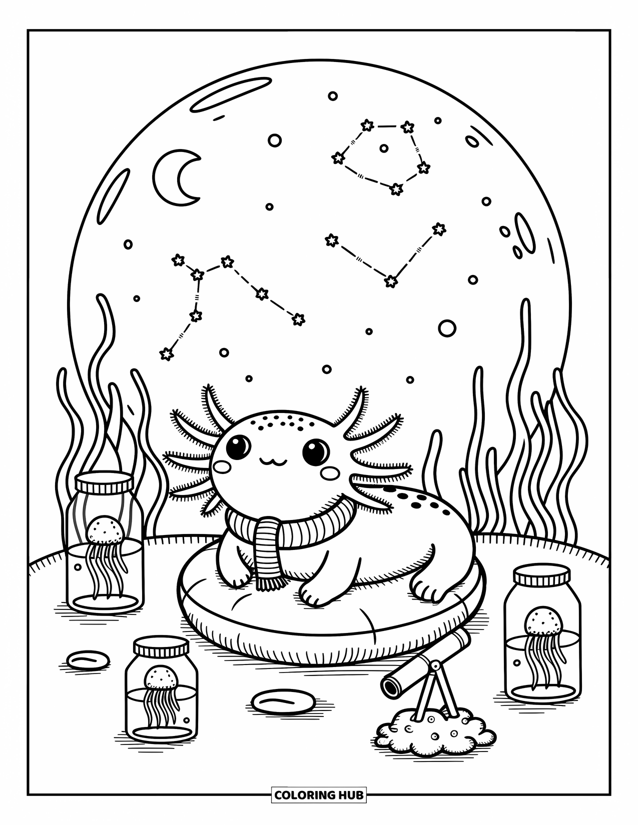 Disegno di Axolotl da colorare per adulti: Un accogliente axolotl con una sciarpa osserva le stelle sott'acqua accanto a barattoli di meduse e un telescopio