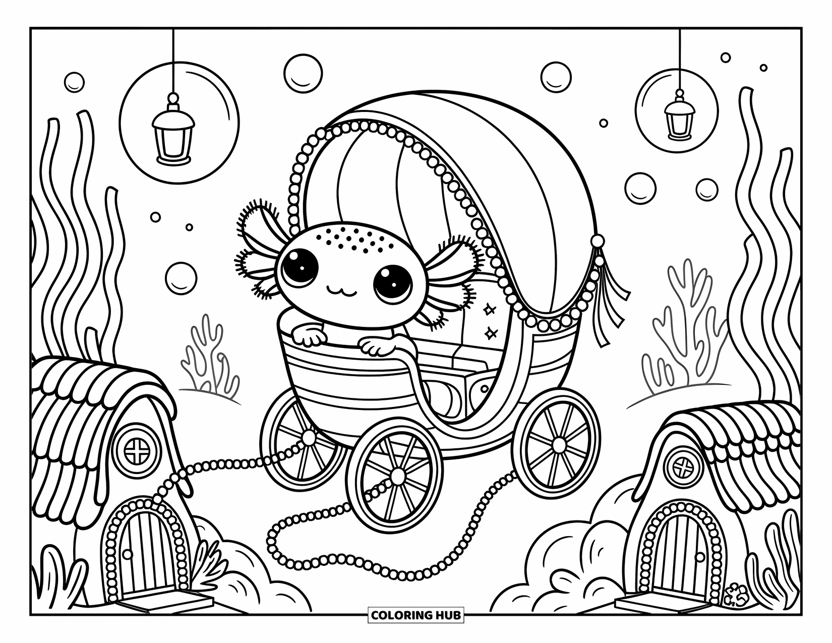 Disegno di Axolotl da colorare per adulti: Un simpatico axolotl galleggia in una carrozza di meduse con bolle di lanterne e accoglienti case sottomarine