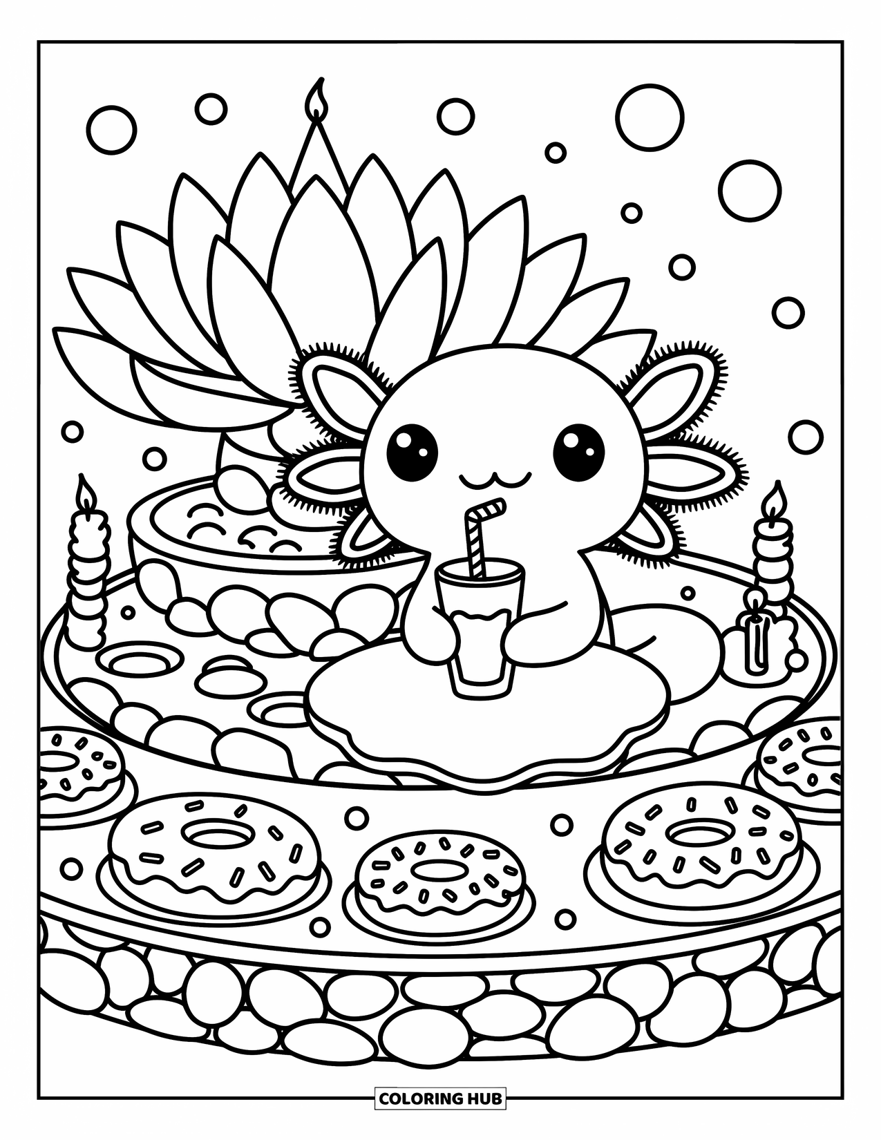 Disegno di Axolotl da colorare per adulti: Un simpatico axolotl si rilassa in un caffè marino con snack di stelle marine e candele galleggianti