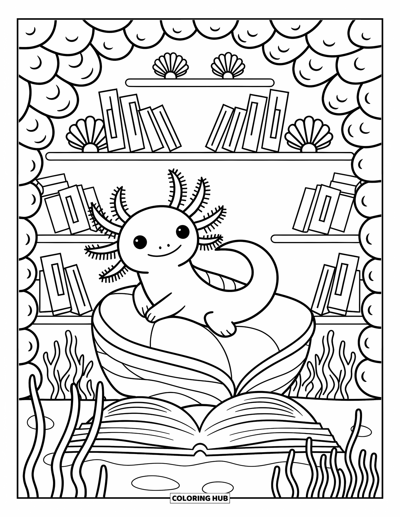 Disegno di Axolotl da colorare per adulti: Un simpatico axolotl si rilassa in un angolo di libri sottomarino circondato da libri e conchiglie luminose