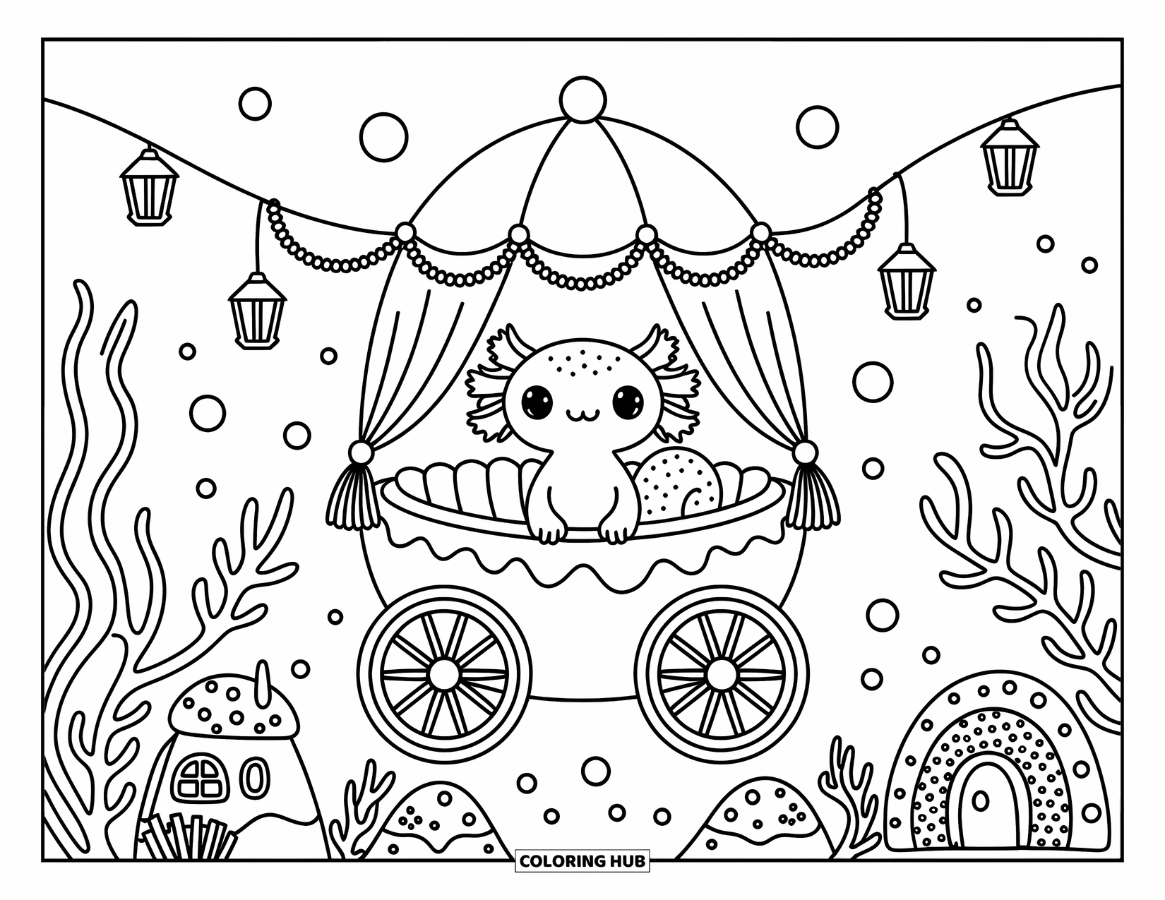 Disegno di Axolotl da colorare per adulti: Un axolotl sognante cavalca una carrozza di meduse oltre accoglienti piante marine e case di corallo