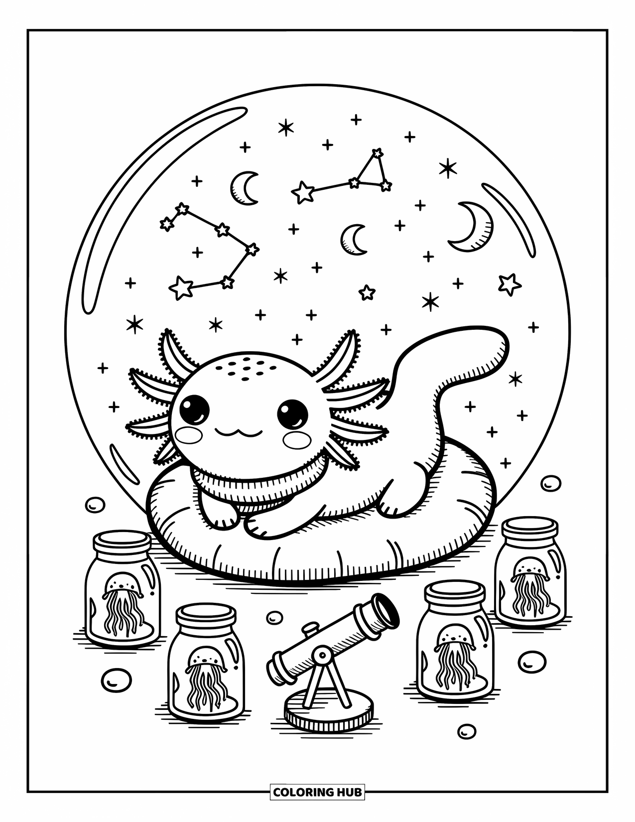 Disegno di Axolotl da colorare per adulti: Un axolotl sognante osserva le stelle da un accogliente cuscino di alghe con barattoli di meduse nelle vicinanze