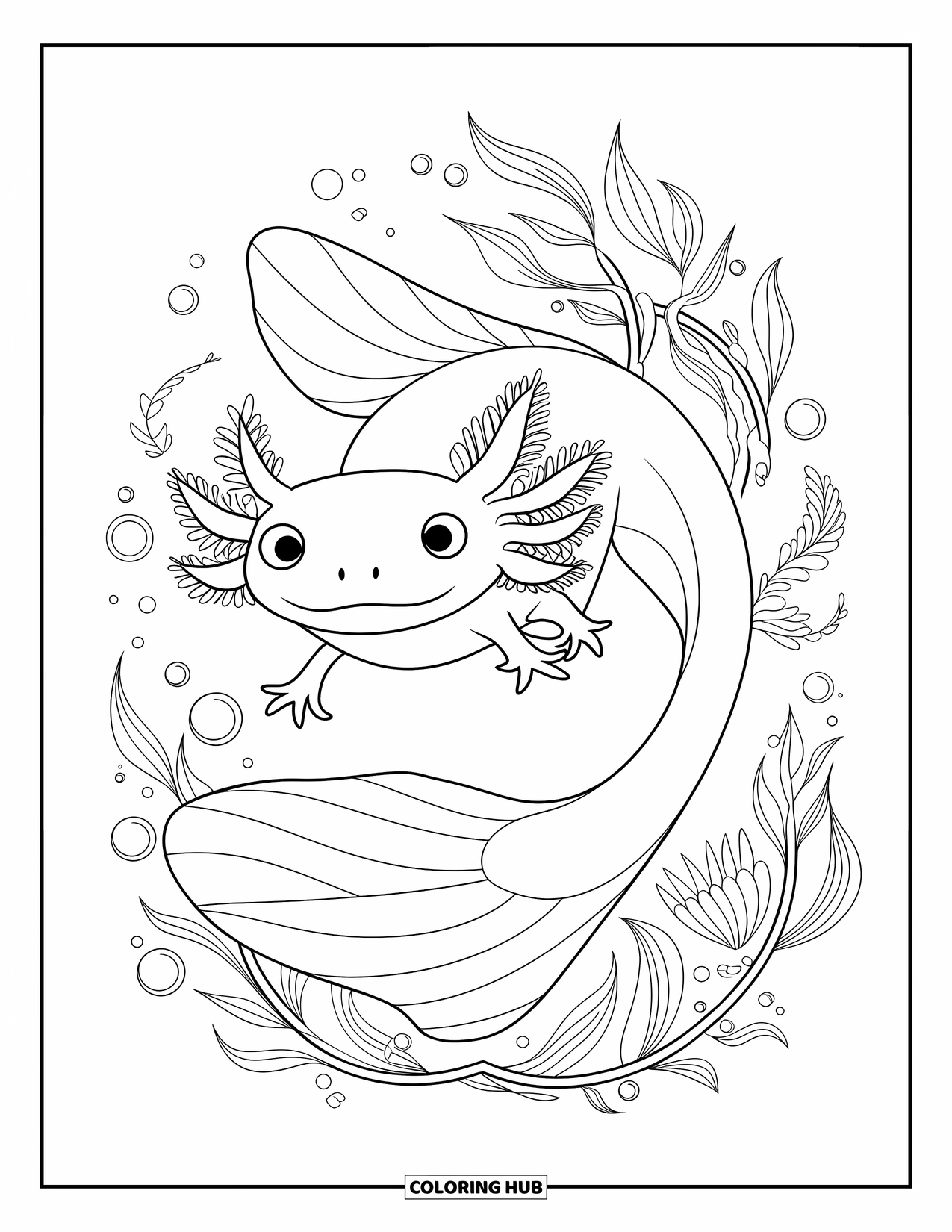 Disegno di Axolotl da colorare per adulti: Un axolotl aggraziato galleggia pacificamente tra motivi floreali e minuscole bolle che salgono