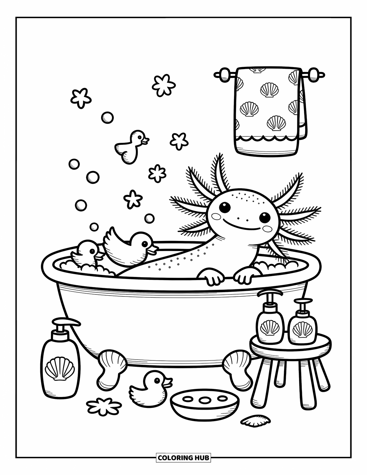 Disegno di Axolotl da colorare per adulti: Un gioioso axolotl si immerge in una vasca con paperelle, bolle e un minuscolo asciugamano
