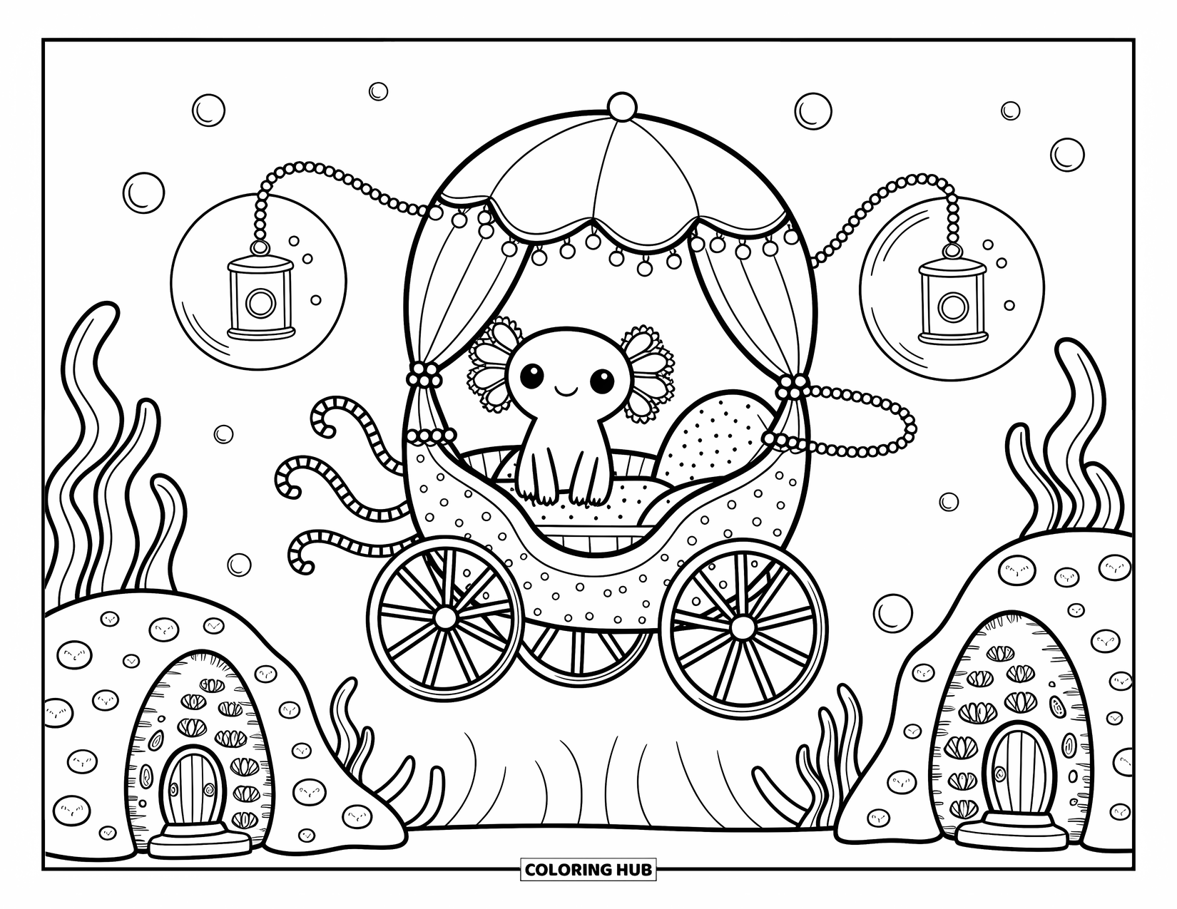 Disegno di Axolotl da colorare per adulti: Un pacifico axolotl si gode un giro in una carrozza di meduse circondato dalla vita marina