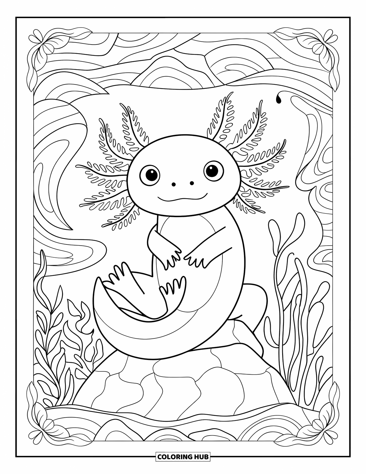 Disegno di Axolotl da colorare per adulti: Un pacifico axolotl con gli occhi spalancati siede su una roccia tra motivi di onde fluenti
