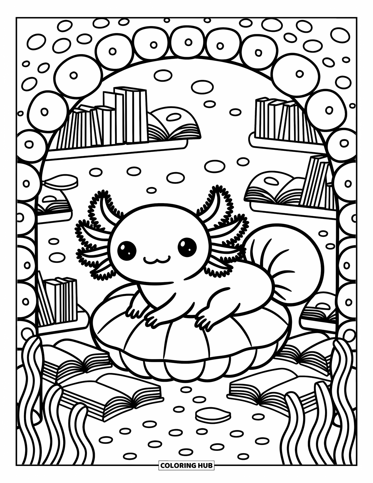 Disegno di Axolotl da colorare per adulti: Un axolotl rilassato si rilassa in un angolo di libri marini con lampade luminose e libri galleggianti