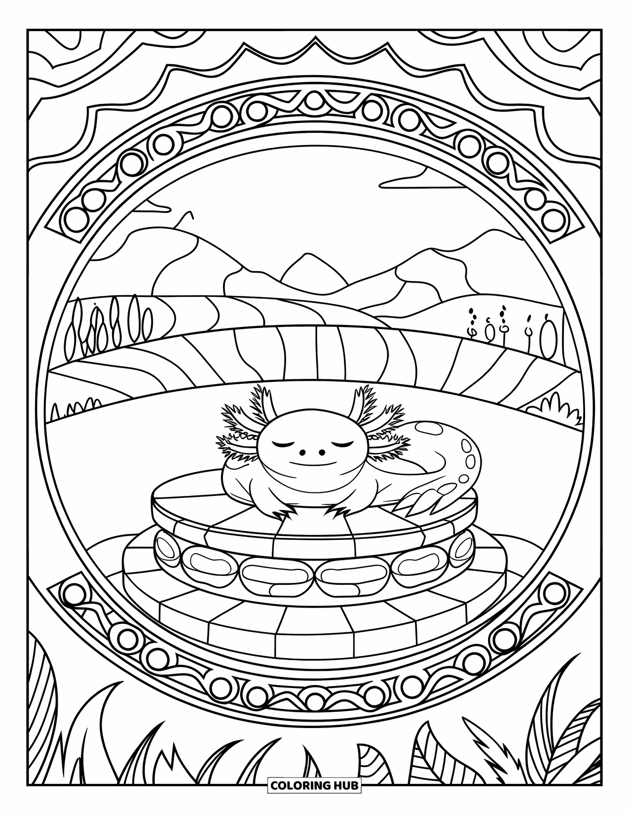 Disegno di Axolotl da colorare per adulti: Un axolotl addormentato giace su un altare in un campo con montagne e alberi nelle vicinanze