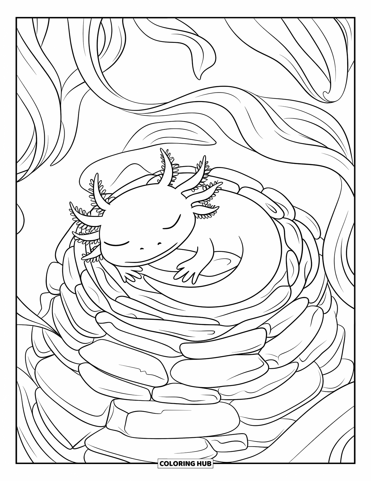 Disegno di Axolotl da colorare per adulti: Un axolotl assonnato riposa in un nido di roccia a spirale con piante fluenti e frondose nelle vicinanze