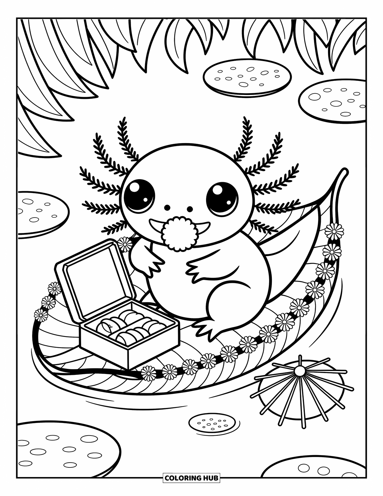 Disegno di Axolotl da colorare per adulti: Un dolce axolotl mangia una palla di riso su un picnic in barca di gigli decorato con fiori