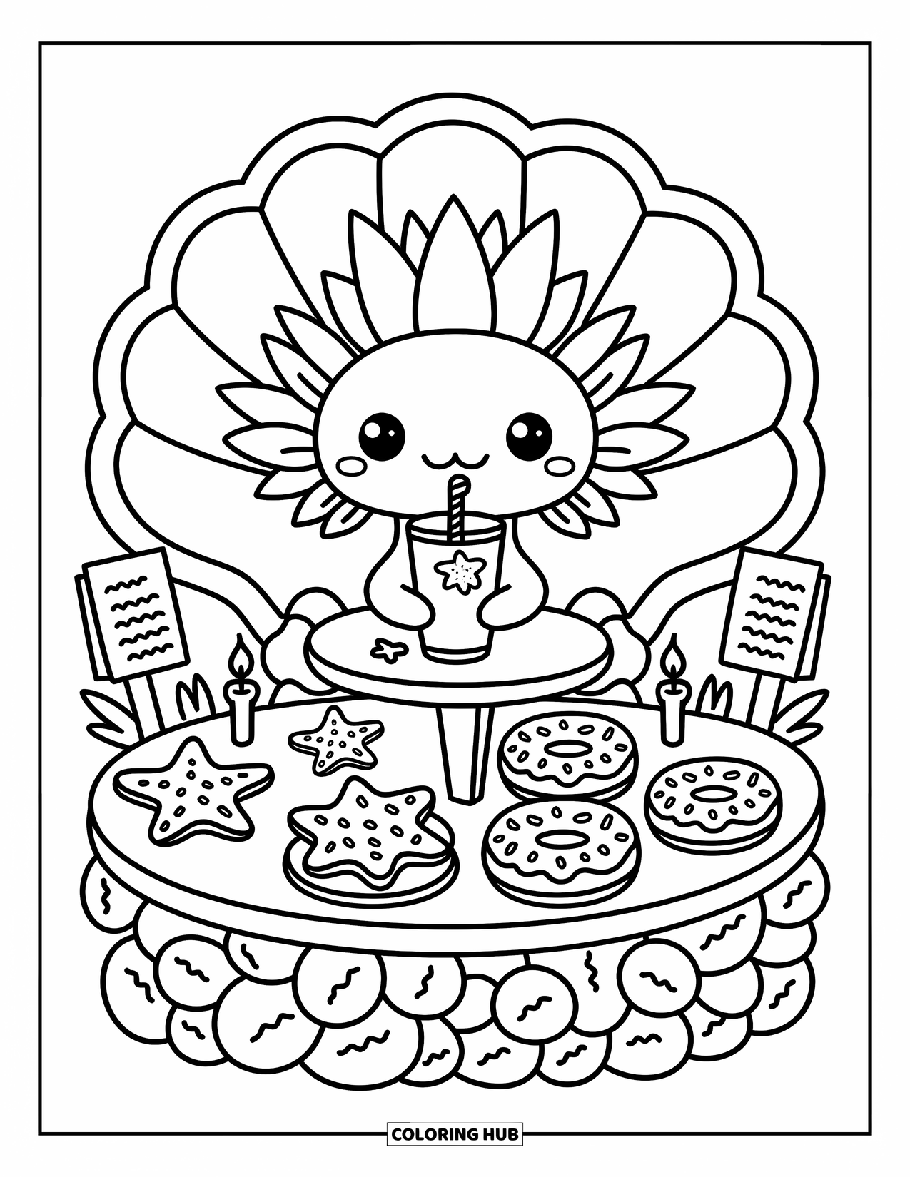 Disegno di Axolotl da colorare per adulti: Un axolotl si gode un accogliente tavolo da caffè con dolcetti di alghe e piccole luci scintillanti