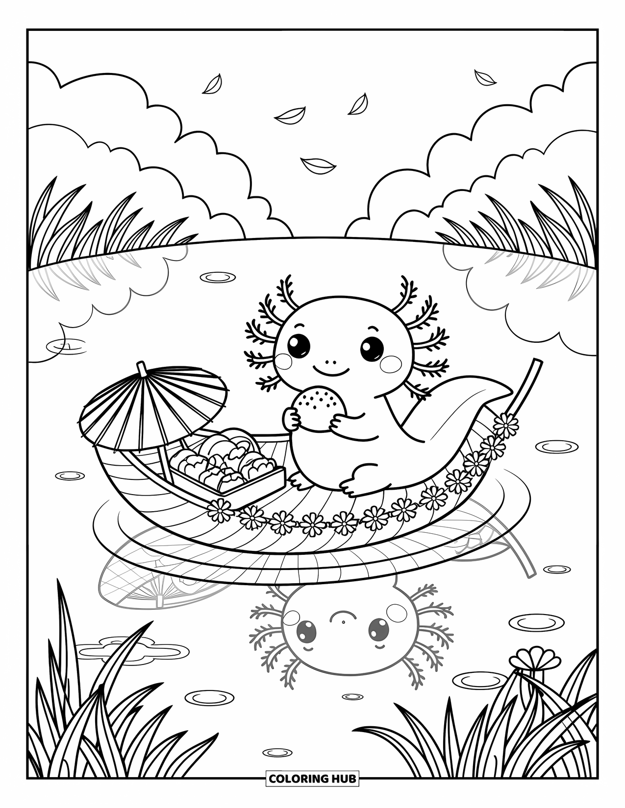 Disegno di Axolotl da colorare per adulti: Un axolotl si gode un picnic su una foglia di ninfea con fiori, cibo e petali galleggianti