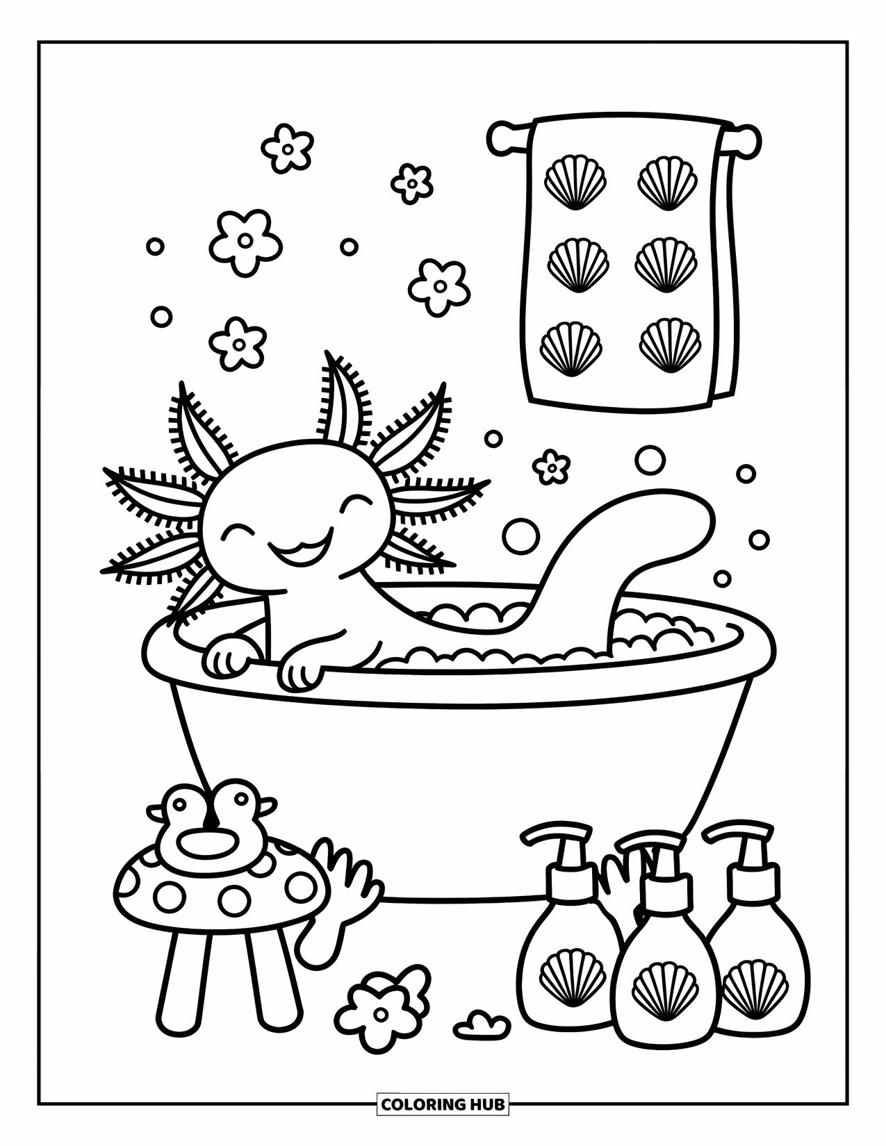 Disegno di Axolotl da colorare per adulti: Un axolotl si gode un caldo bagno di bolle con petali di fiori e simpatici flaconi da bagno