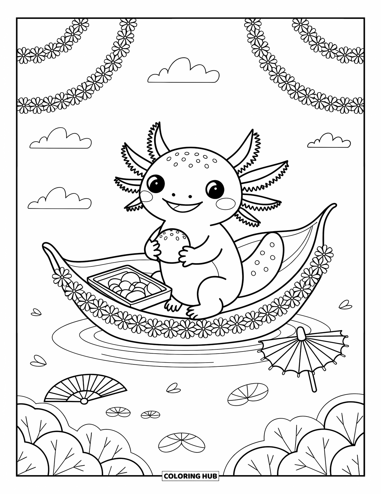 Disegno di Axolotl da colorare per adulti: Un axolotl galleggia su una barca di foglie di ninfea godendosi un picnic bento nello stagno