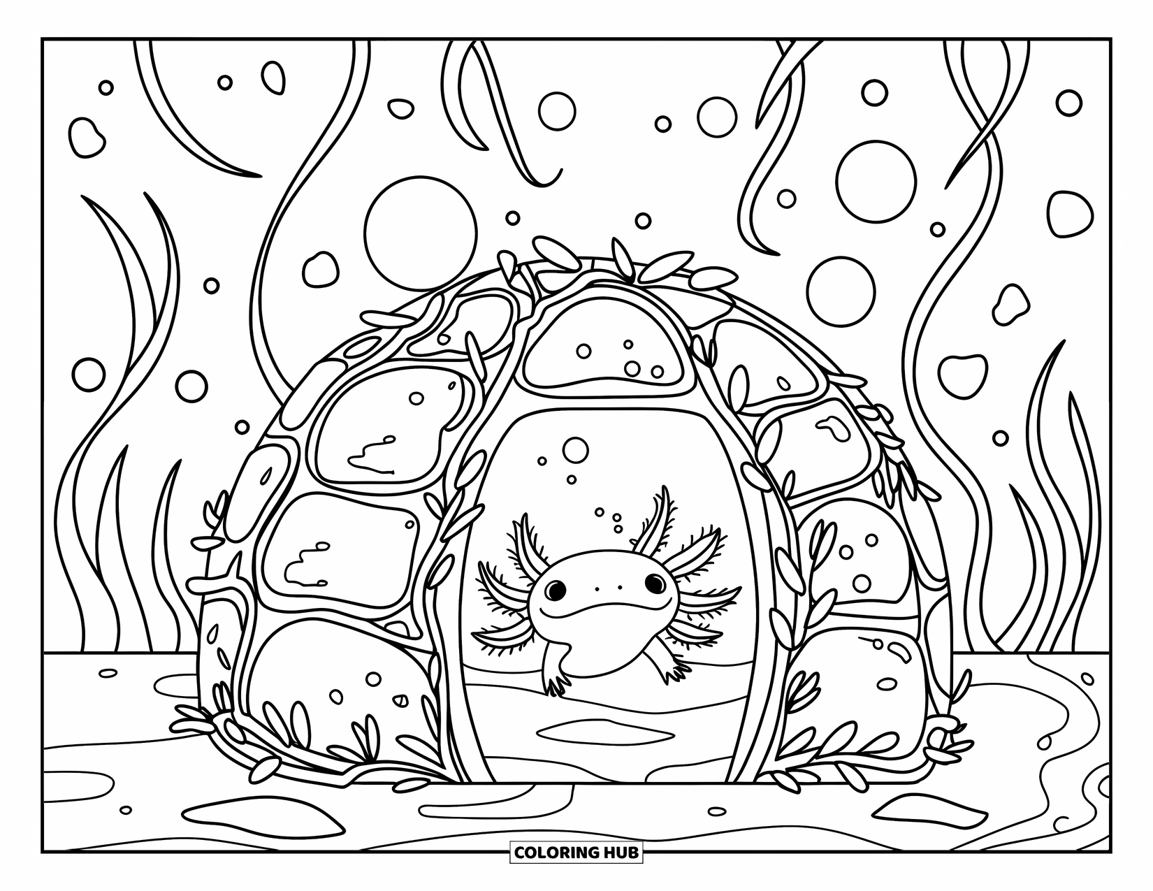 Disegno di Axolotl da colorare per adulti: Un axolotl all'interno di una cupola da sogno galleggia con bolle, vetro marino e viti ondeggianti