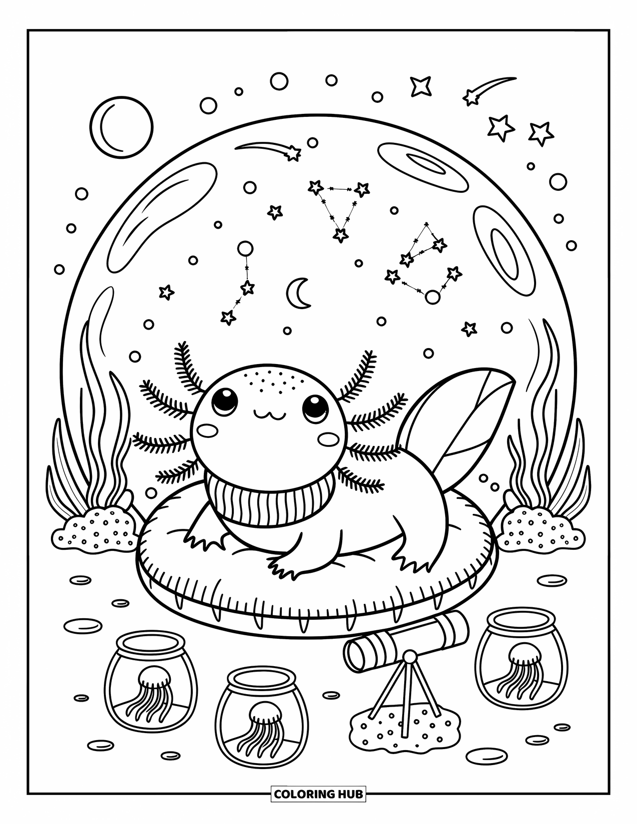 Disegno di Axolotl da colorare per adulti: Un axolotl guarda le costellazioni attraverso una cupola magica mentre è sdraiato su morbide alghe