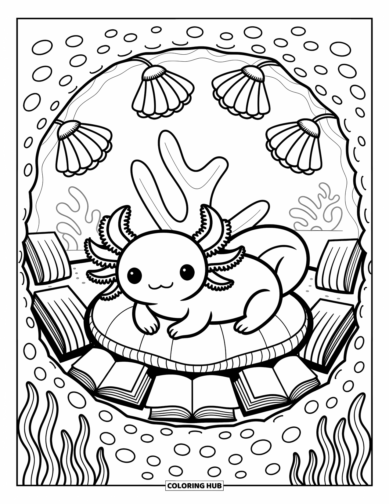 Disegno di Axolotl da colorare per adulti: Un axolotl legge in un mini angolo di libri sottomarino pieno di coralli e alghe