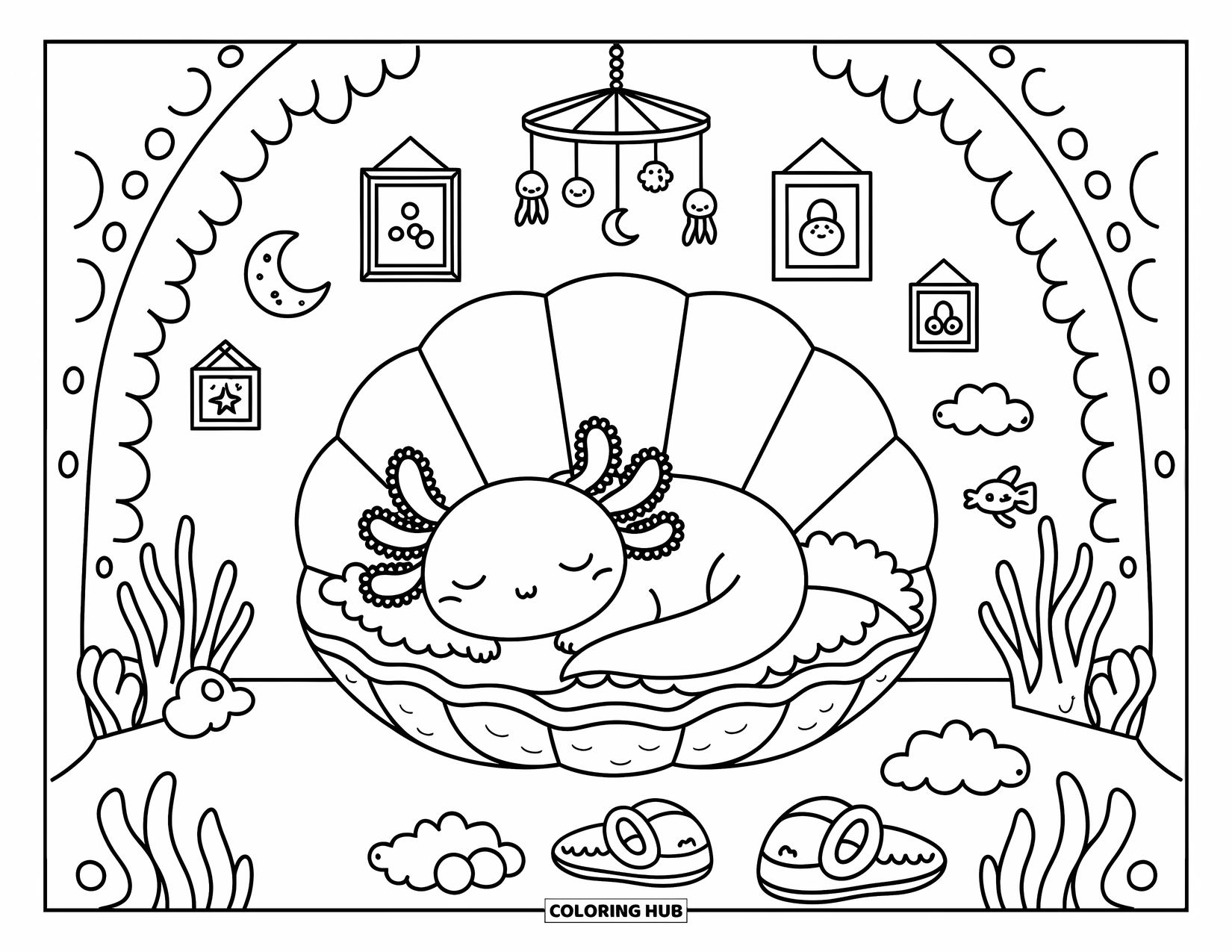 Disegno di Axolotl da colorare per adulti: Un axolotl riposa in un letto di conchiglie sotto una giostrina di lune e meduse