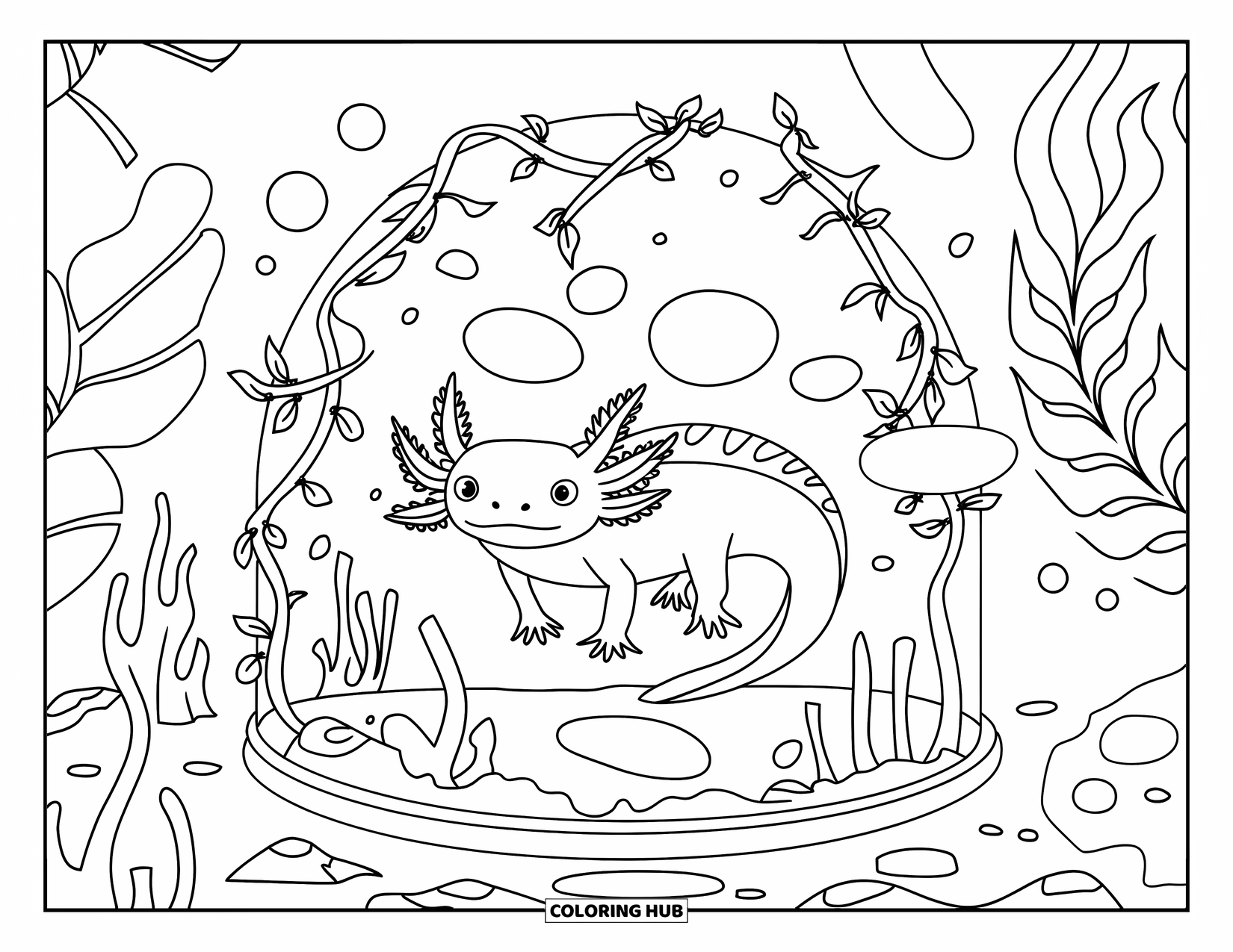 Disegno di Axolotl da colorare per adulti: Un axolotl riposa all'interno di una cupola di vetro marino piena di piante e rocce sottomarine