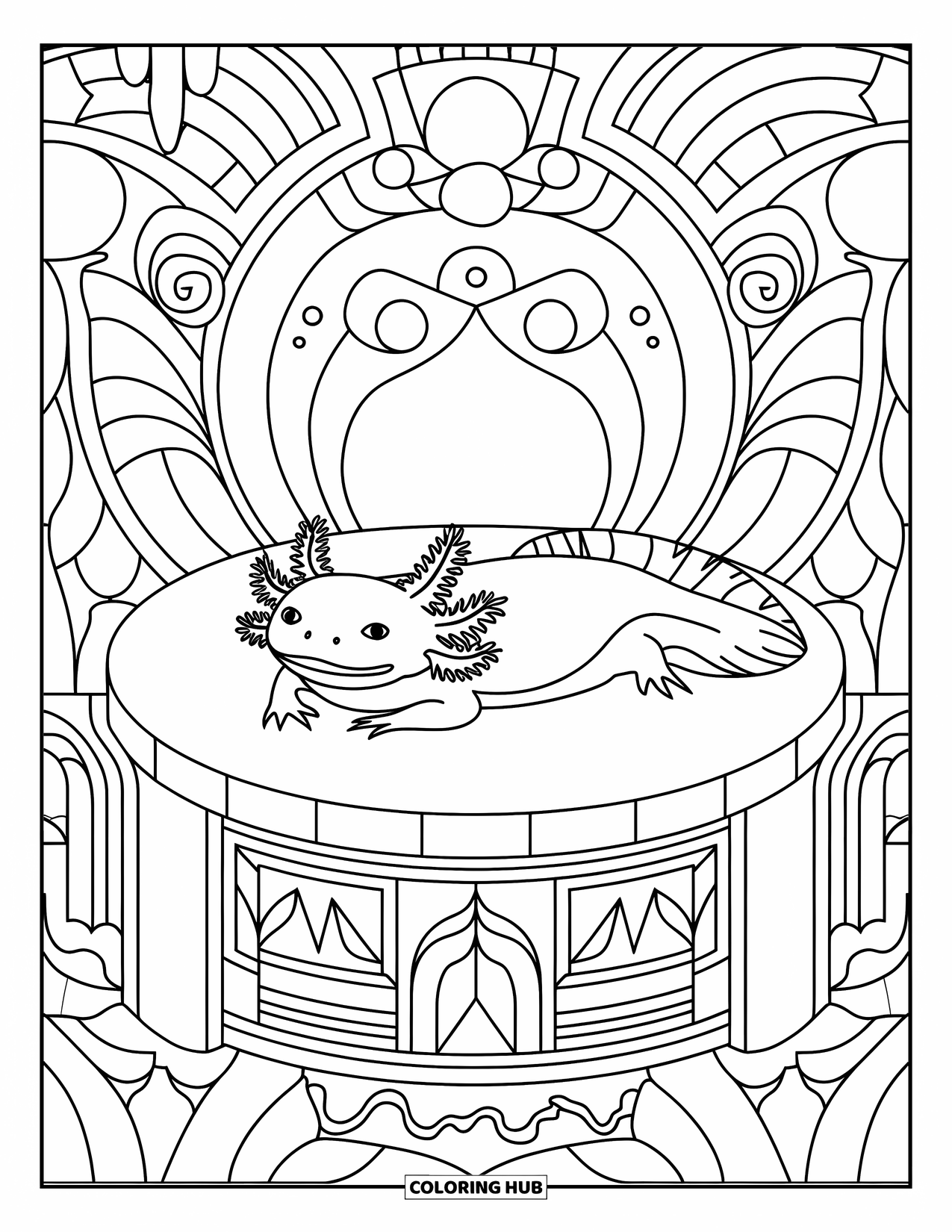 Disegno di Axolotl da colorare per adulti: Un axolotl riposa pacificamente su un altare circondato da elementi decorativi rilassanti