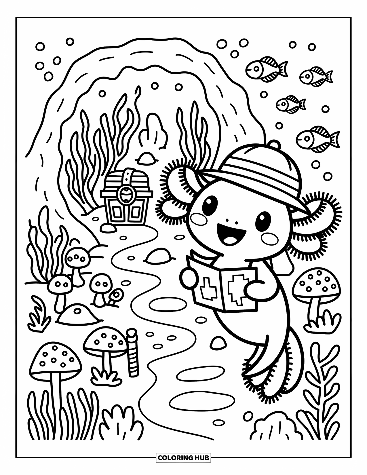 Disegno di Axolotl da colorare per adulti: Un axolotl cerca un tesoro con una mappa in un giardino di coralli e luce