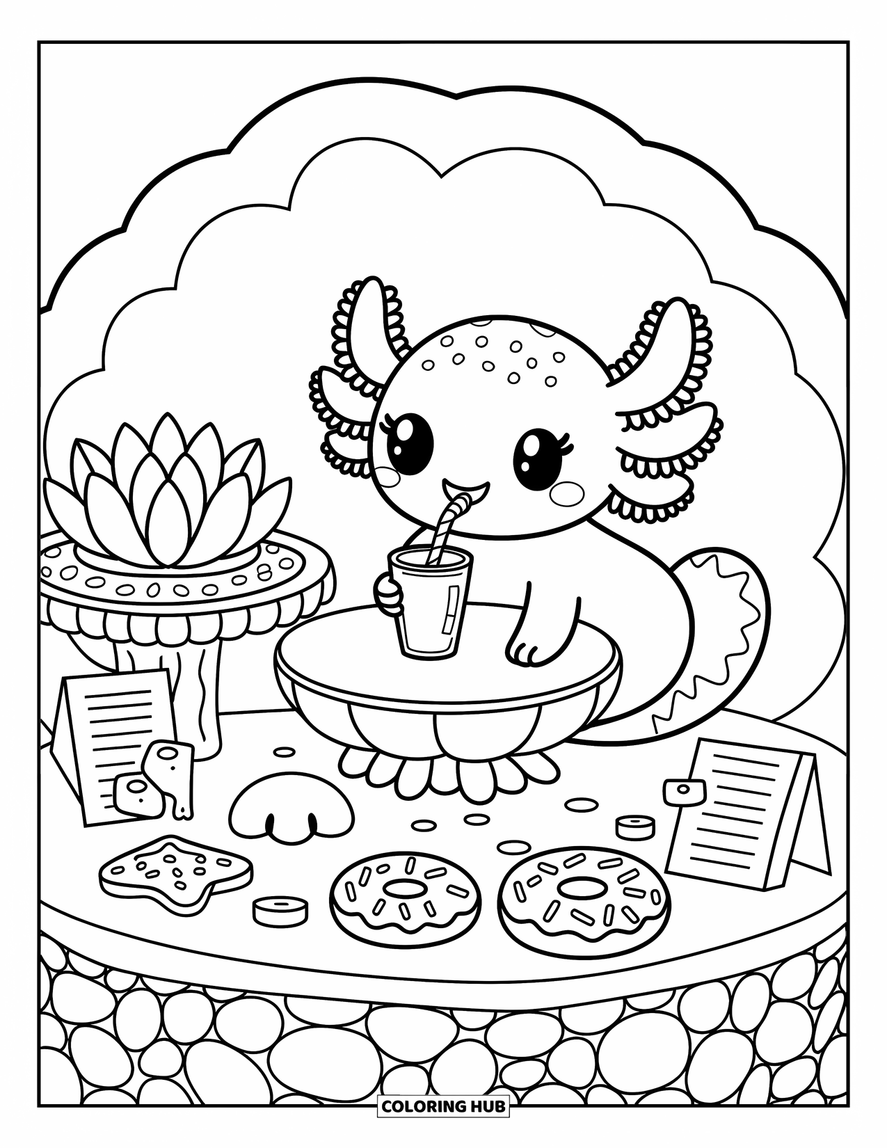 Disegno di Axolotl da colorare per adulti: Un axolotl sorseggia una bevanda a un tavolo di conchiglie in un accogliente caffè marino